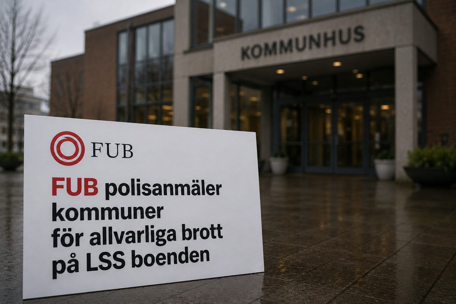 AI-genererad bild som visar en vit informationsskylt med FUB:s logotyp och text om polisanmälan av kommuner för allvarliga brott på LSS-boenden. I bakgrunden syns ett oskarpt kommunhus.