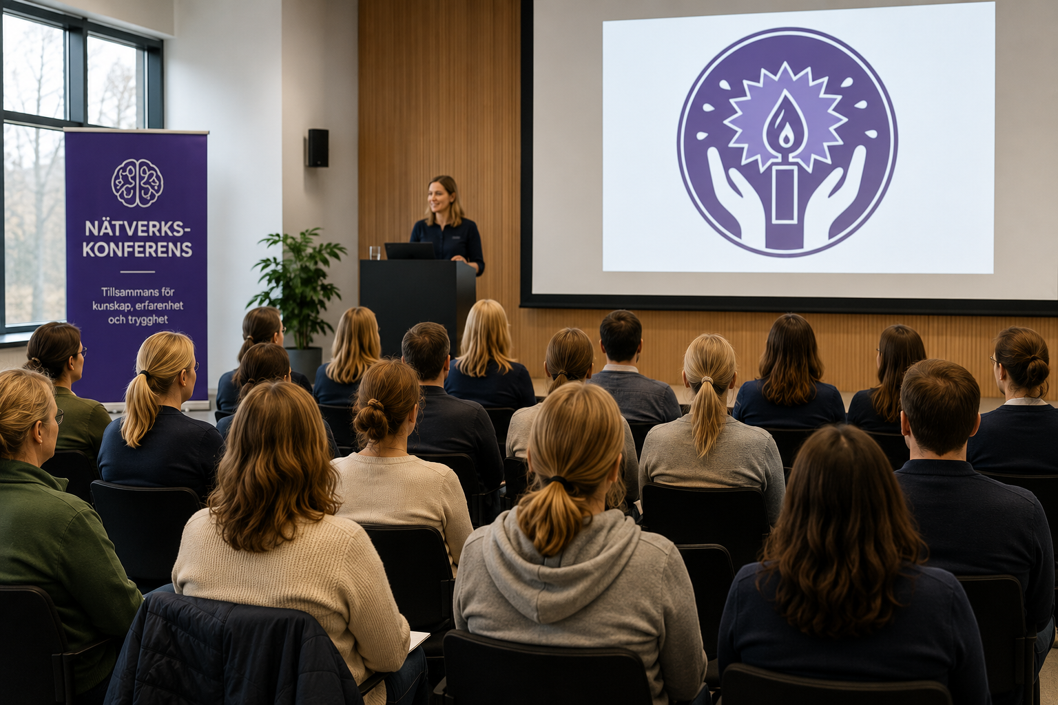 AI genererad bild på föreläsningssal och person som föreläser om epilepsi.
