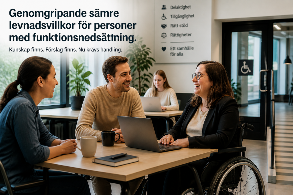 AI-genererad illustration som visar en tillgänglig arbetsplats där en kvinna i rullstol deltar i ett möte med kollegor vid ett bord i en modern kontorsmiljö, som symbol för delaktighet, inkludering och rätt stöd.