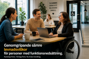 AI-genererad illustration som visar en tillgänglig arbetsplats där en kvinna i rullstol deltar i ett möte med kollegor vid ett bord i en modern kontorsmiljö, som symbol för delaktighet, inkludering och rätt stöd.