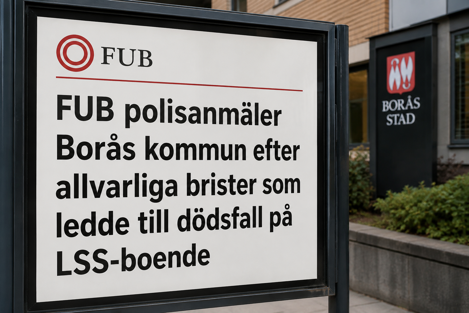 Skylt med texten FUB polisanmäler Borås kommun efter allvarliga brister som ledde till dödsfall på LSS-boende. Utanför ett hus som har skylt Borås stad. Bilden gjord i Chat GPT